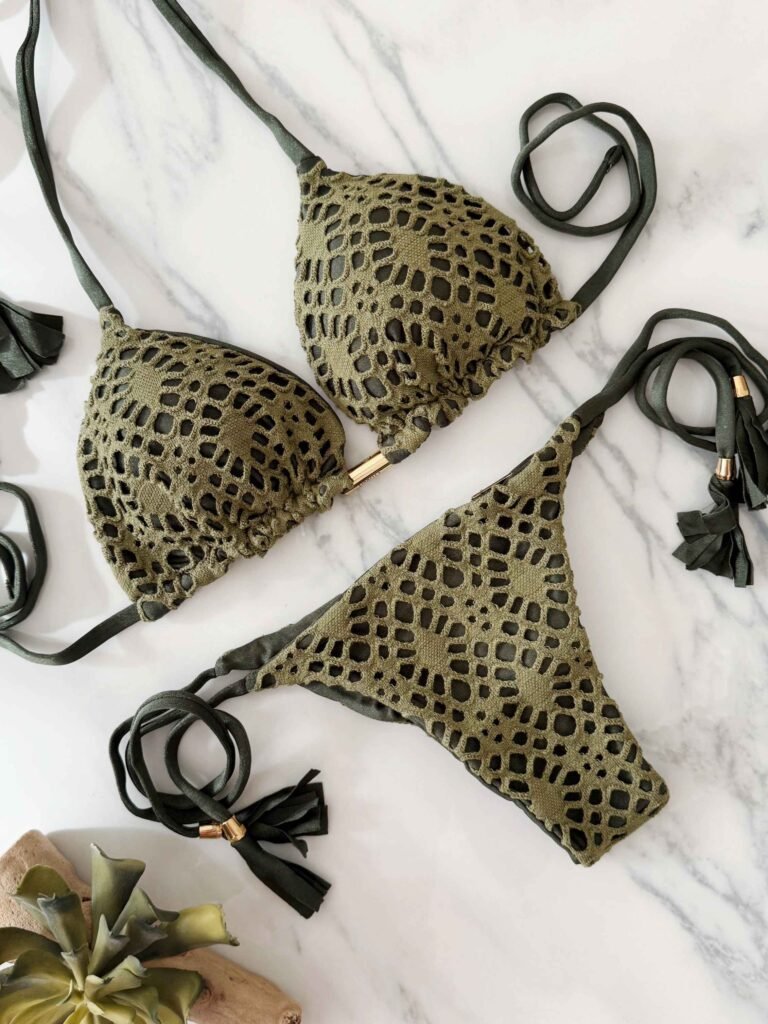 Copacabana khaki crochet bikini with ruched back – Drapery Boutique Dubai