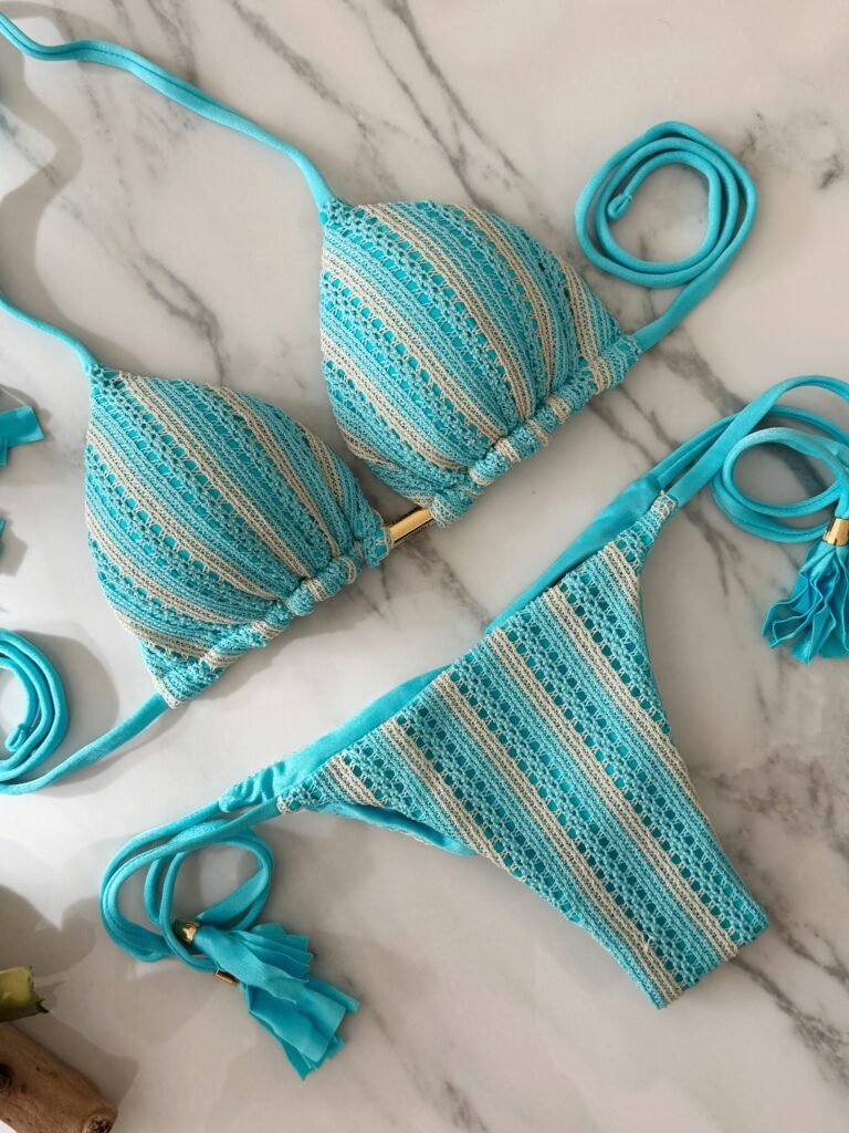 Delicía turquoise crochet bikini with ruched back – Drapery Boutique Dubai