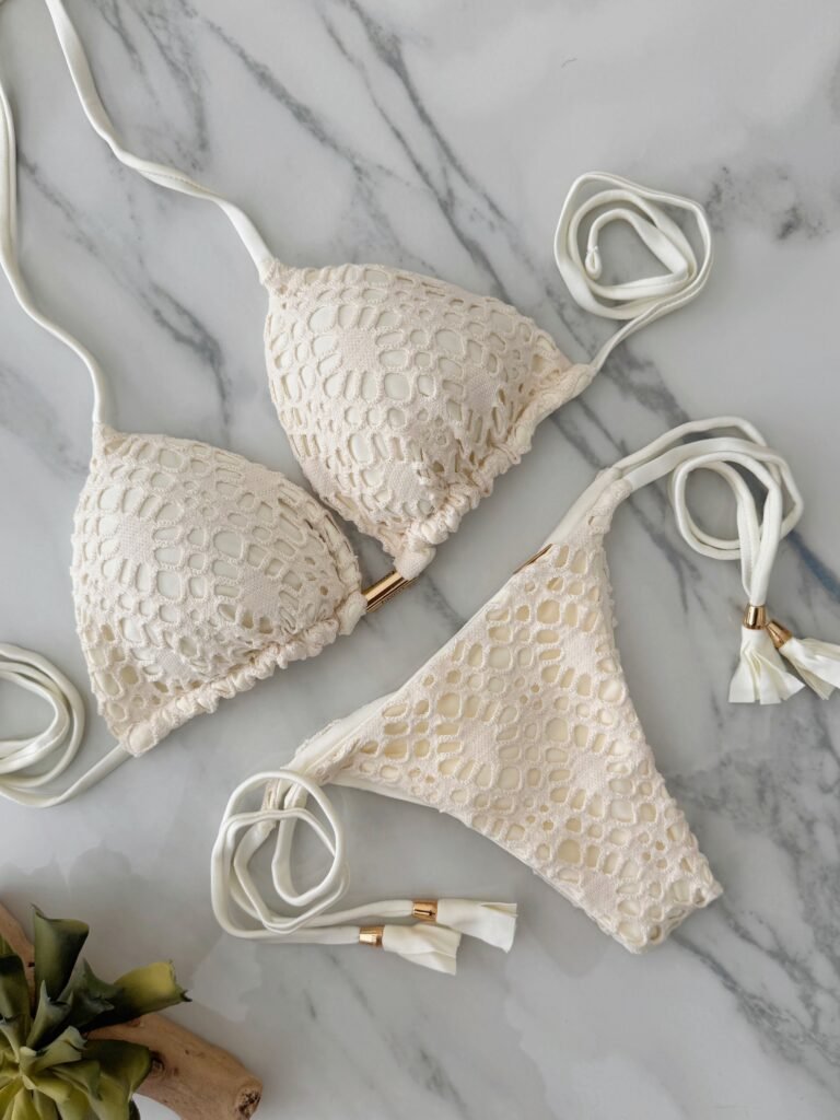 Copacabana white crochet bikini with ruched back – Drapery Boutique Dubai
